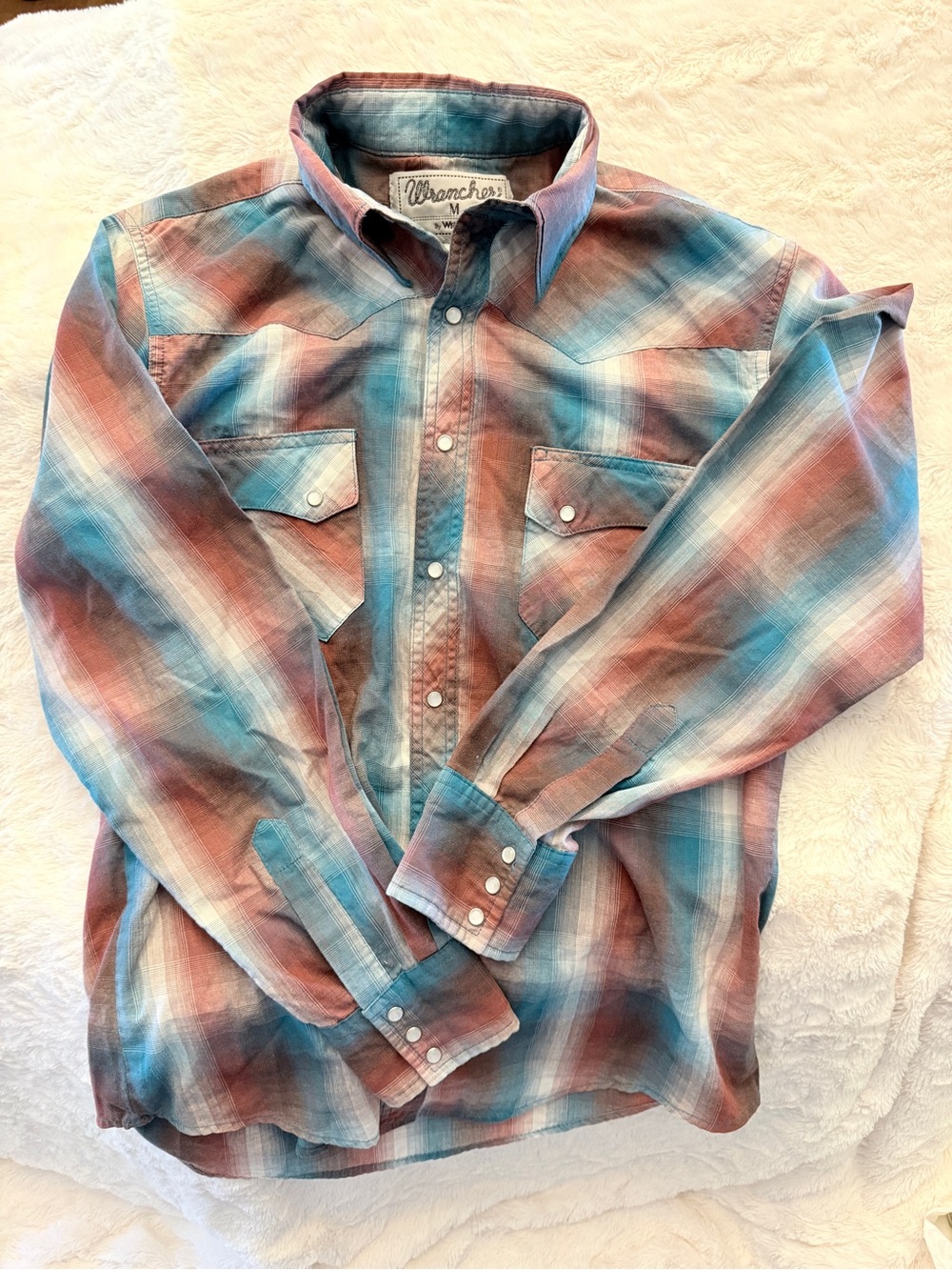 Wrangler Wrancher Shirt Mens Size M Plaid Pearl Snap Cowboy VINTAGE FWW